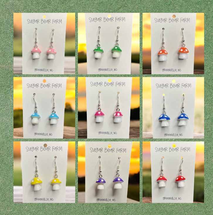 9 pairs of mushroom earrings