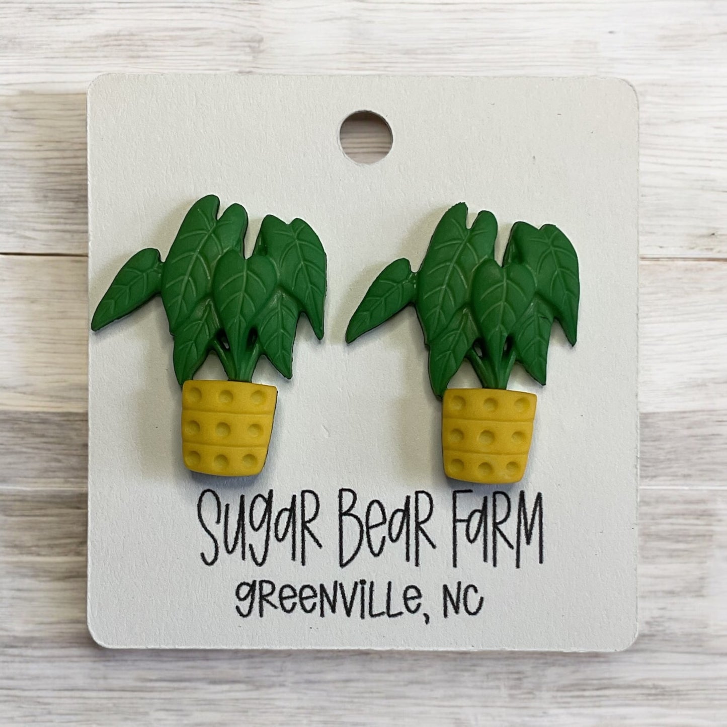 Pair of green and yellow potted plant earrings