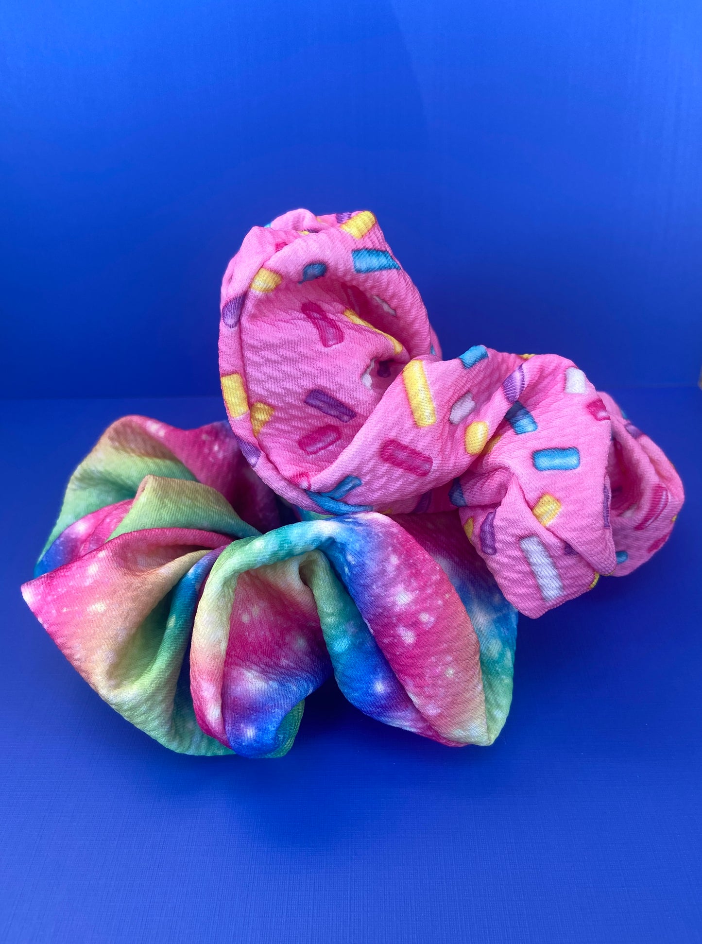 rainbow sparkle scrunchie and sprinkle scrunchie