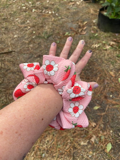 Strawberries and flowers pink scrunchie on arm