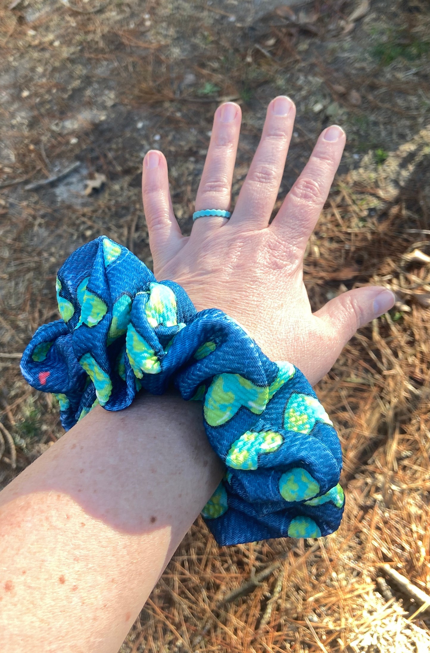 earth heart and blue scrunchie