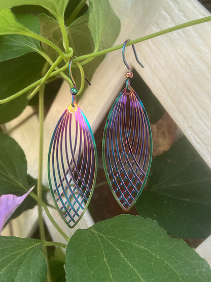 pair of rainbow leaf drop earrings